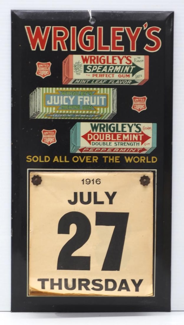 Wrigley's calendar sign: 9"x17" tin over cardboard Wrigley's calendar sign with partial calendar from 1916, marked A-55