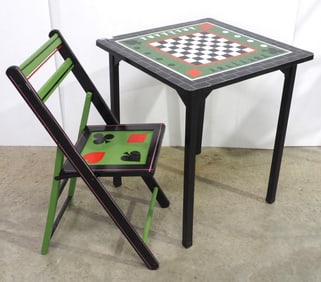 Porcelain-top game table with folding chair