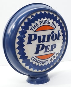 (2) Purol-Pep gas pump globe plates