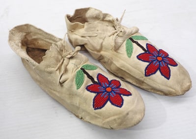 Pair of early, beaded leather mocassins