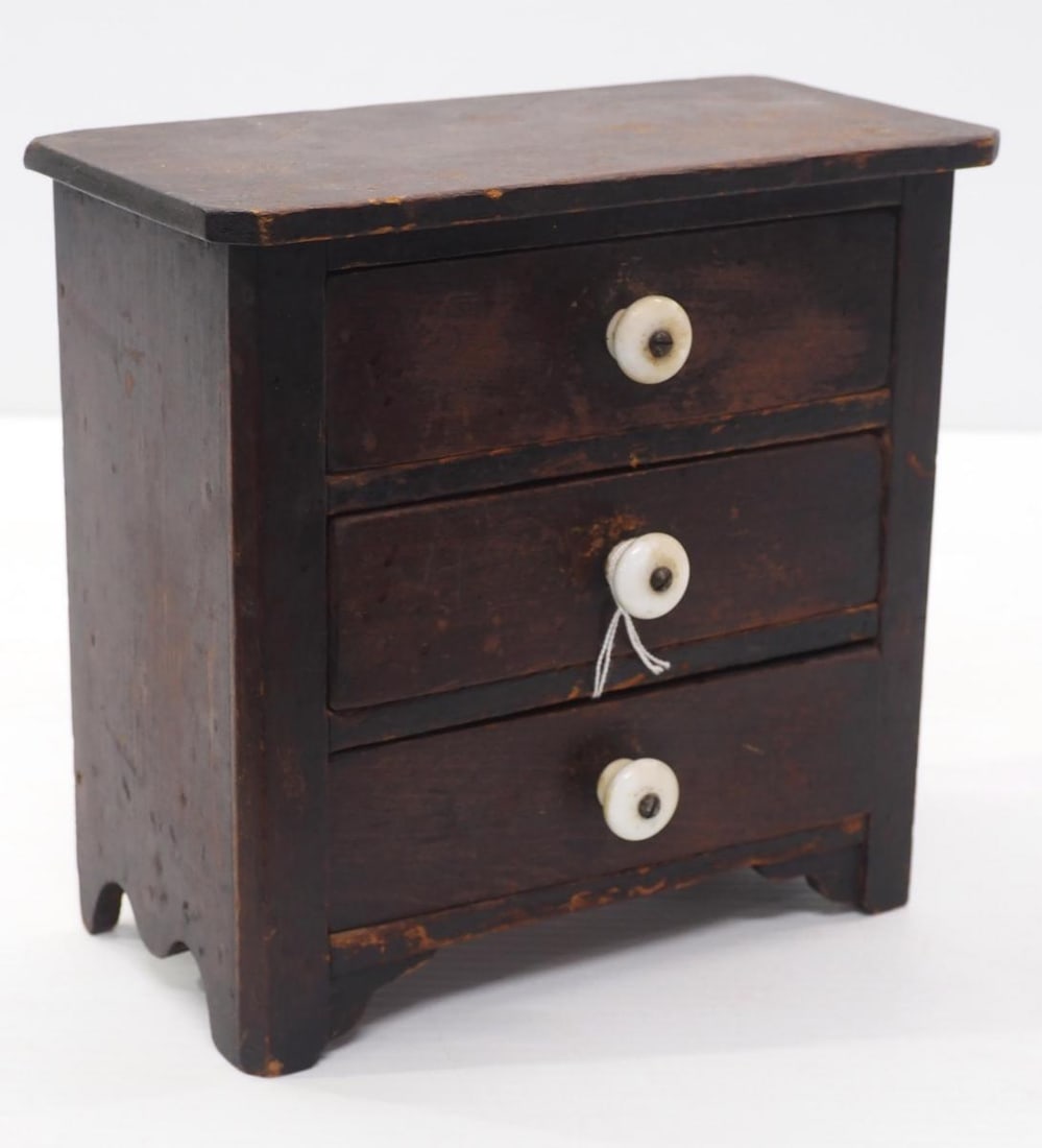 Very early, small wooden 3-drawer chest: Very early, small wooden 3-drawer chest with porcelain knobs, 9.25"x4.75"x9"H