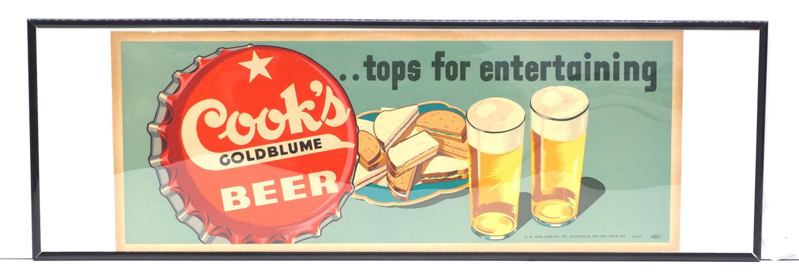 Cook's Goldblume Beer, Tops for Entertaining sign: 28"x11" cardboard Cook's Goldblume Beer?Tops for Entertaining sign, marked 5-21-28 - Great