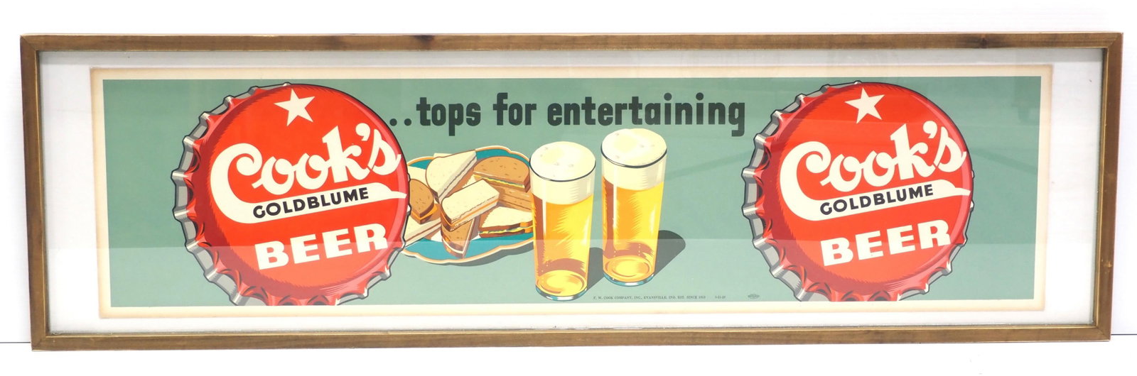 Cook's Goldblume Beer, Tops for Entertaining sign: 42"x11" cardboard Cook's Goldblume Beer?Tops for Entertaining sign, marked 5-21-28 - Great