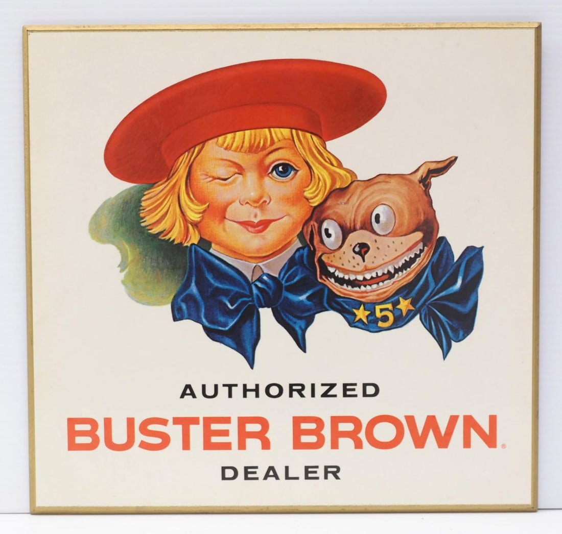Authorized Buster Brown Dealer sign: 14.5"x14" masonite? Authorized Buster Brown Dealer sign - Great