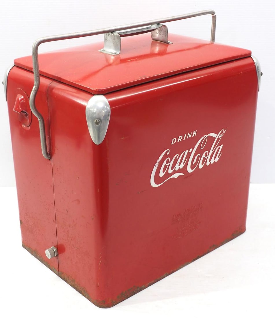 Large Coca Cola cooler: Large Coca Cola cooler by Acton Mfg with tray inside, 12"x17"x17"H - Good with some scratches
