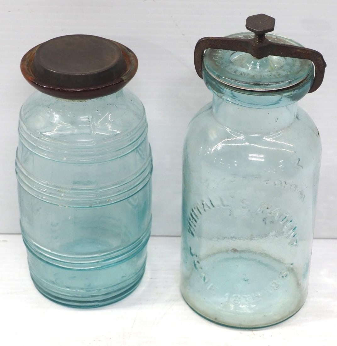 (2) Early glass 1-quart canning jars: (2) Early glass 1-quart canning jars: unmarked / Millville Atmospheric Fruit Jar with Whithall's Patent June 18, 1861 with glass lid