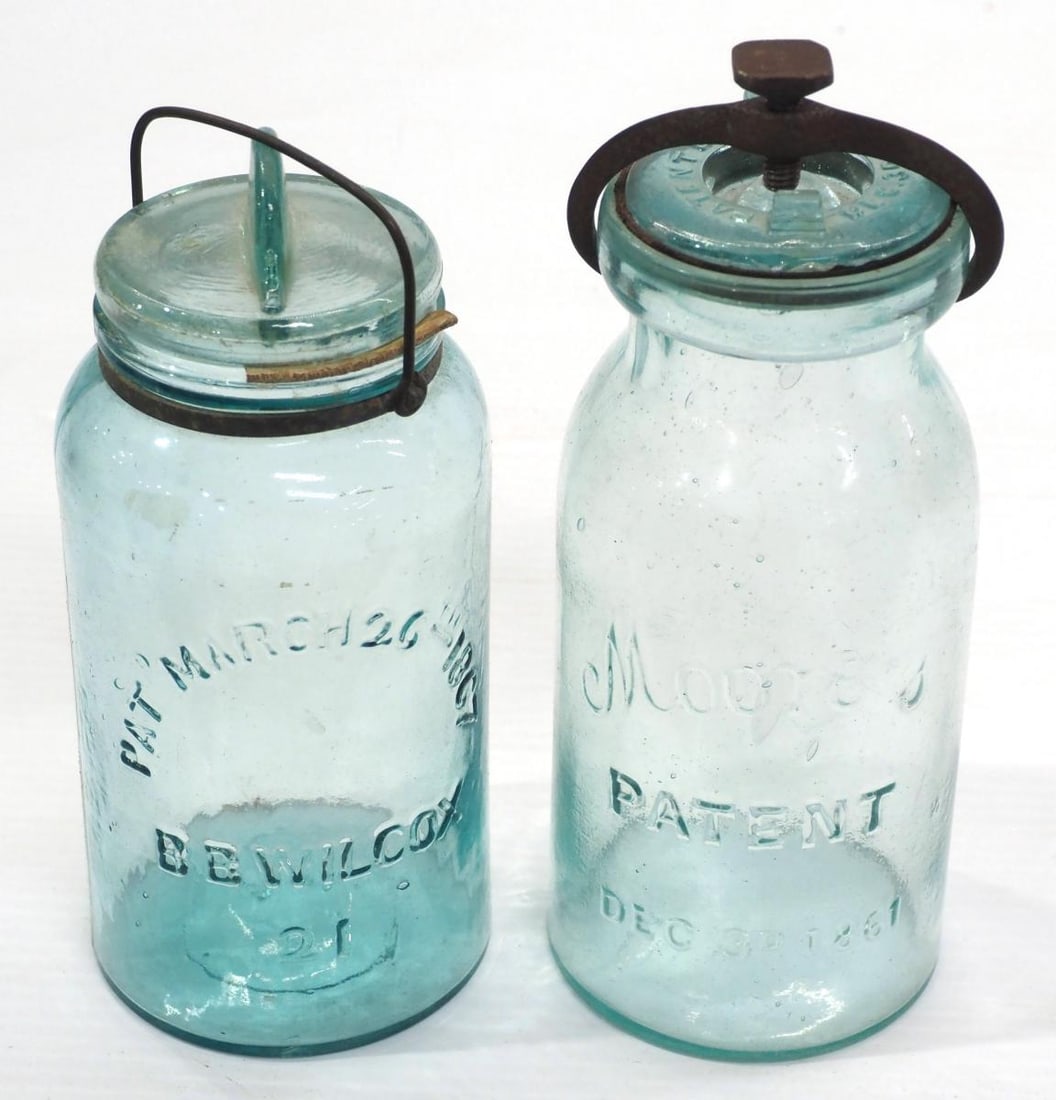 (2) Early glass 1-quart canning jars with glass lids: (2) Early glass 1-quart canning jars with glass lids: BB Wilcox 21, patent March 26, 1867 / Moore's Patent Dec.3, 1861