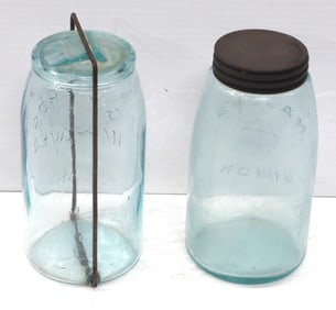 (2) Early glass 1-quart canning jars