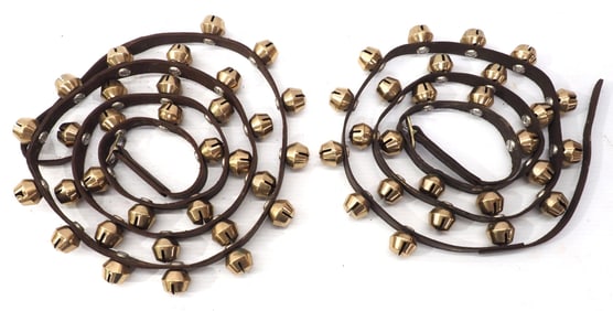 (2) Leather straps of brass harness bells