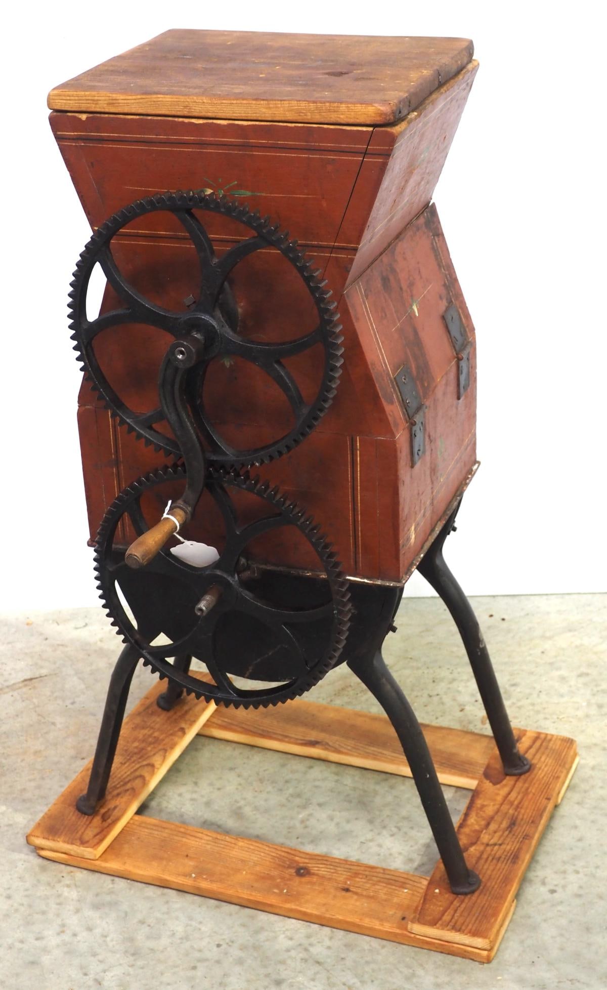 Hunters Sifter & Mixer Size 00: Hunters Sifter & Mixer Size 00 with great paint and stenciling, 18"x15"x31"H * * Not eligible for in-house shipping, white glove options may be available. See auction terms.