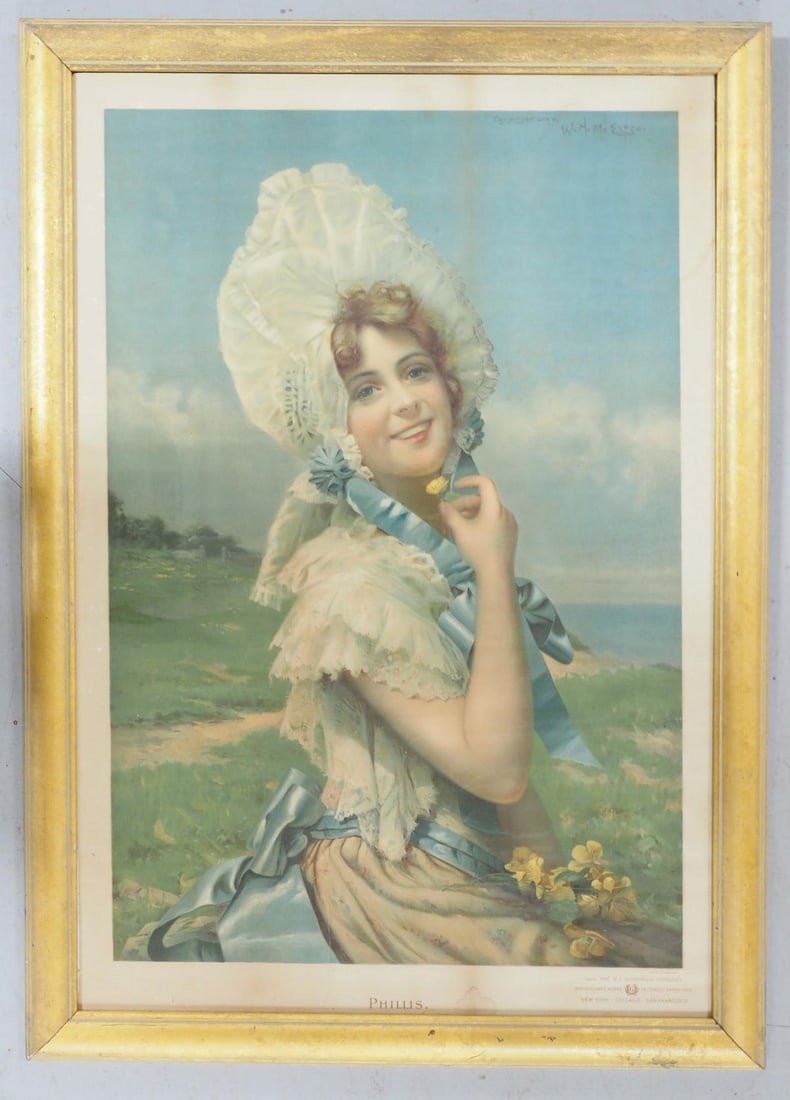 Phillis for B.F. Goodrich Company lithograph: Framed paper lithograph of "Phillis" for B.F. Goodrich Company, original art copyright by W.H. McEntee 1894, frame measures 26"x37" - Very Good, age discoloration, 8" tear from bottom edge, top right