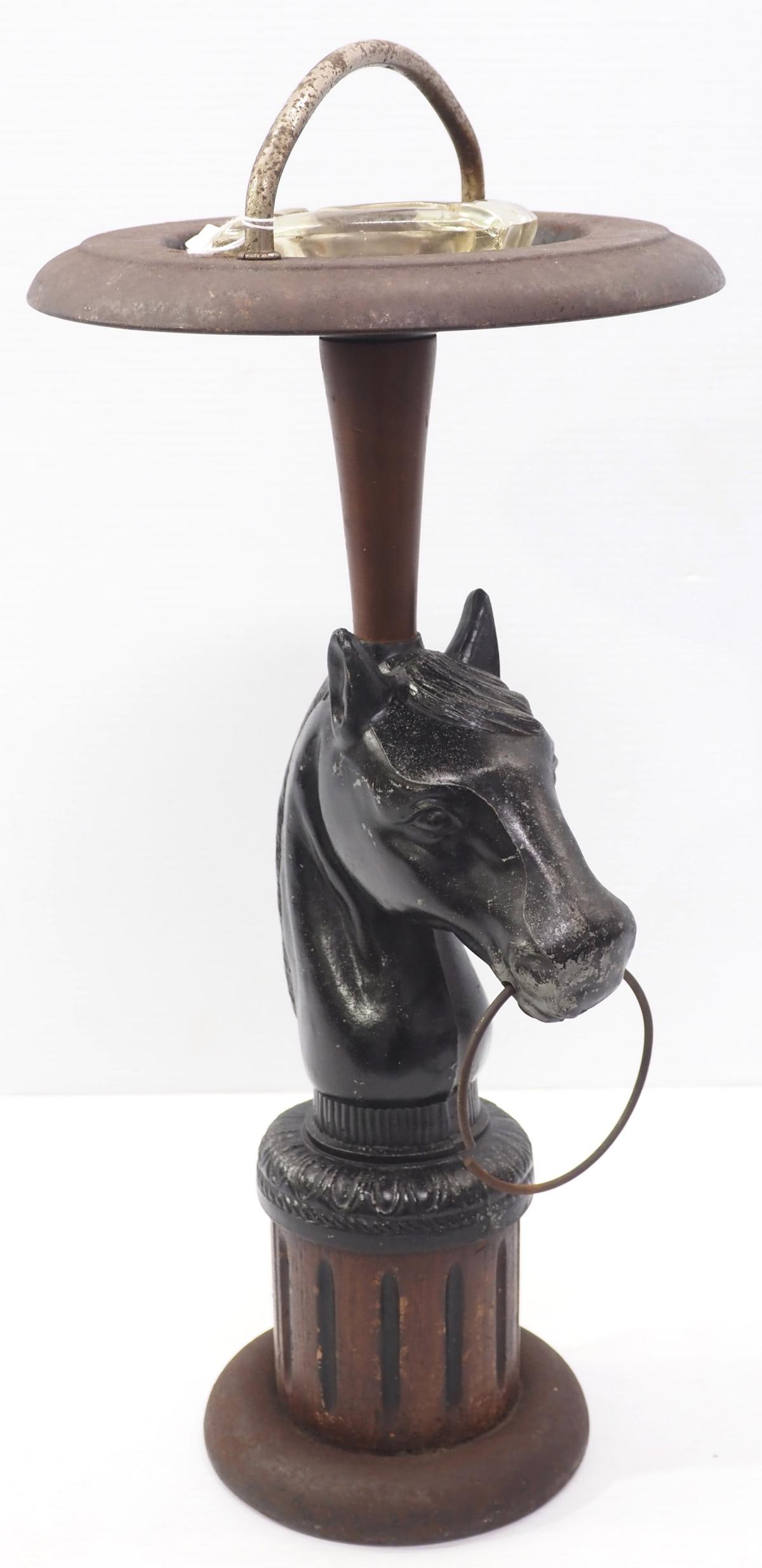 Tall metal ash tray with horse head hitching post (1 of 3)