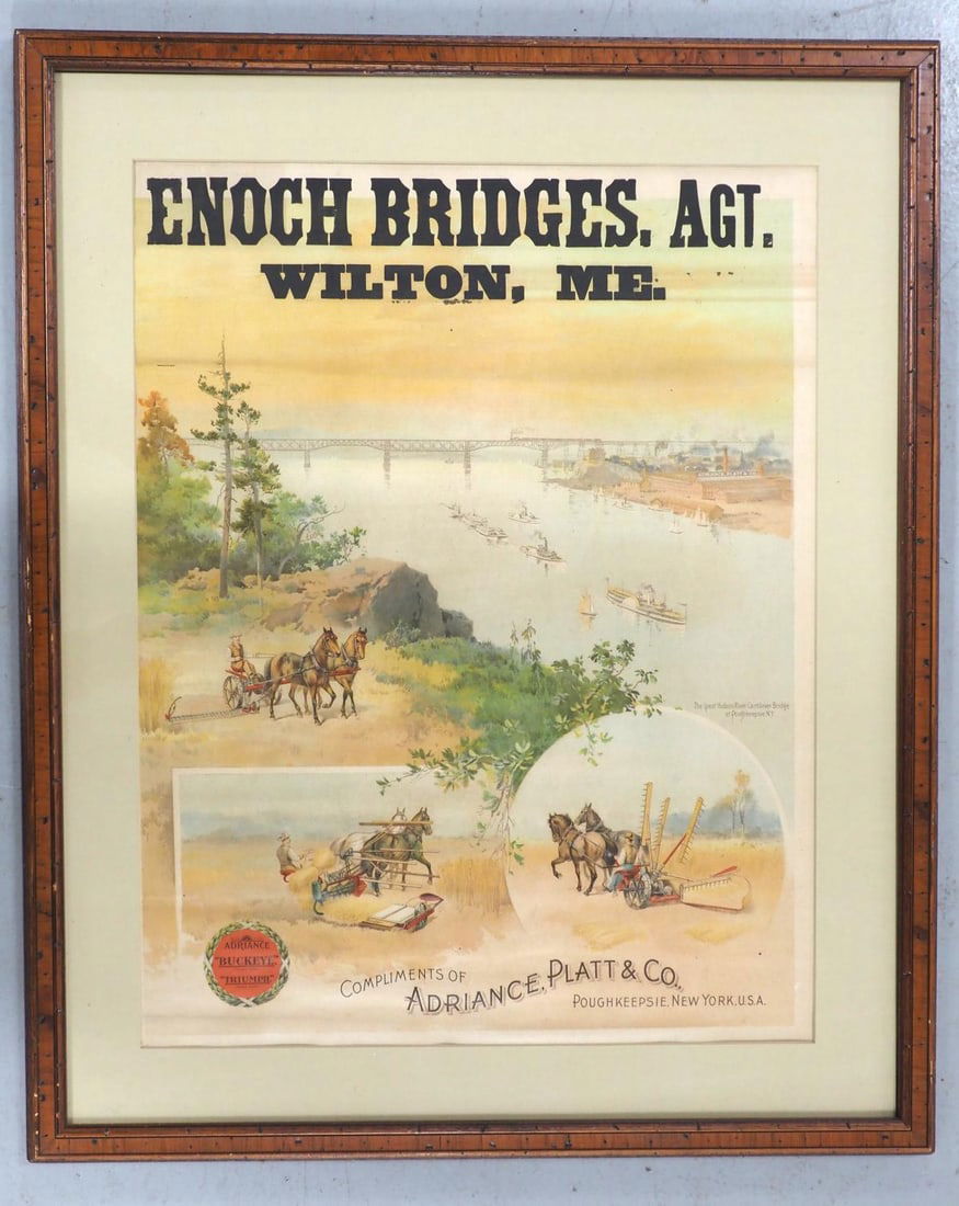 Adriance, Platt Co. dealer advertisement: Framed paper Adriance, Platt Co. dealer advertisement for Enoch Bridges, Agt., Wilton, ME., frame measures 27.5"x33" - Very Good with some fold marks