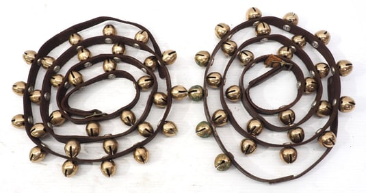 (2) Leather straps of brass harness bells
