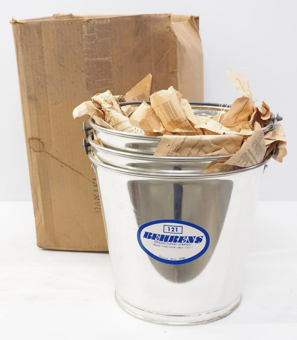 (3) NOS Behrens No.121 stainless steel buckets: (3) NOS Behrens No.121 stainless steel buckets, 12"dia x 10"H