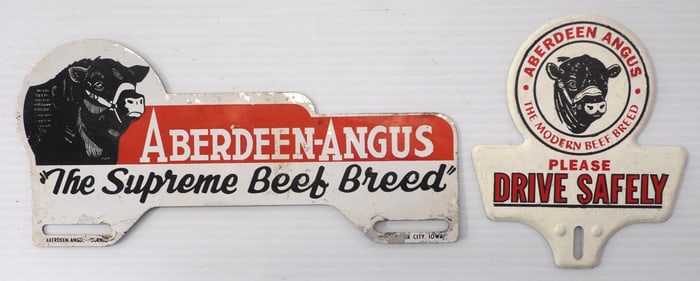 (2) Aberdeen-Angus tin license plate toppers