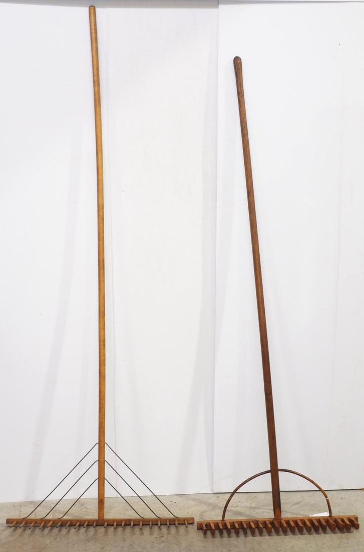 (2) Early wooden rakes: (2) Early wooden rakes, widest is 27"x74"L * * Not eligible for in-house shipping, white glove options may be available. See auction terms.