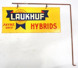 Laukhuf Hybrids sign on wire hanger