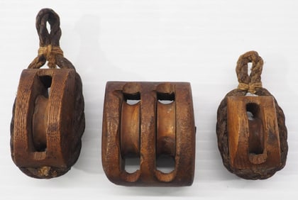 (3) Miniature wooden pulleys