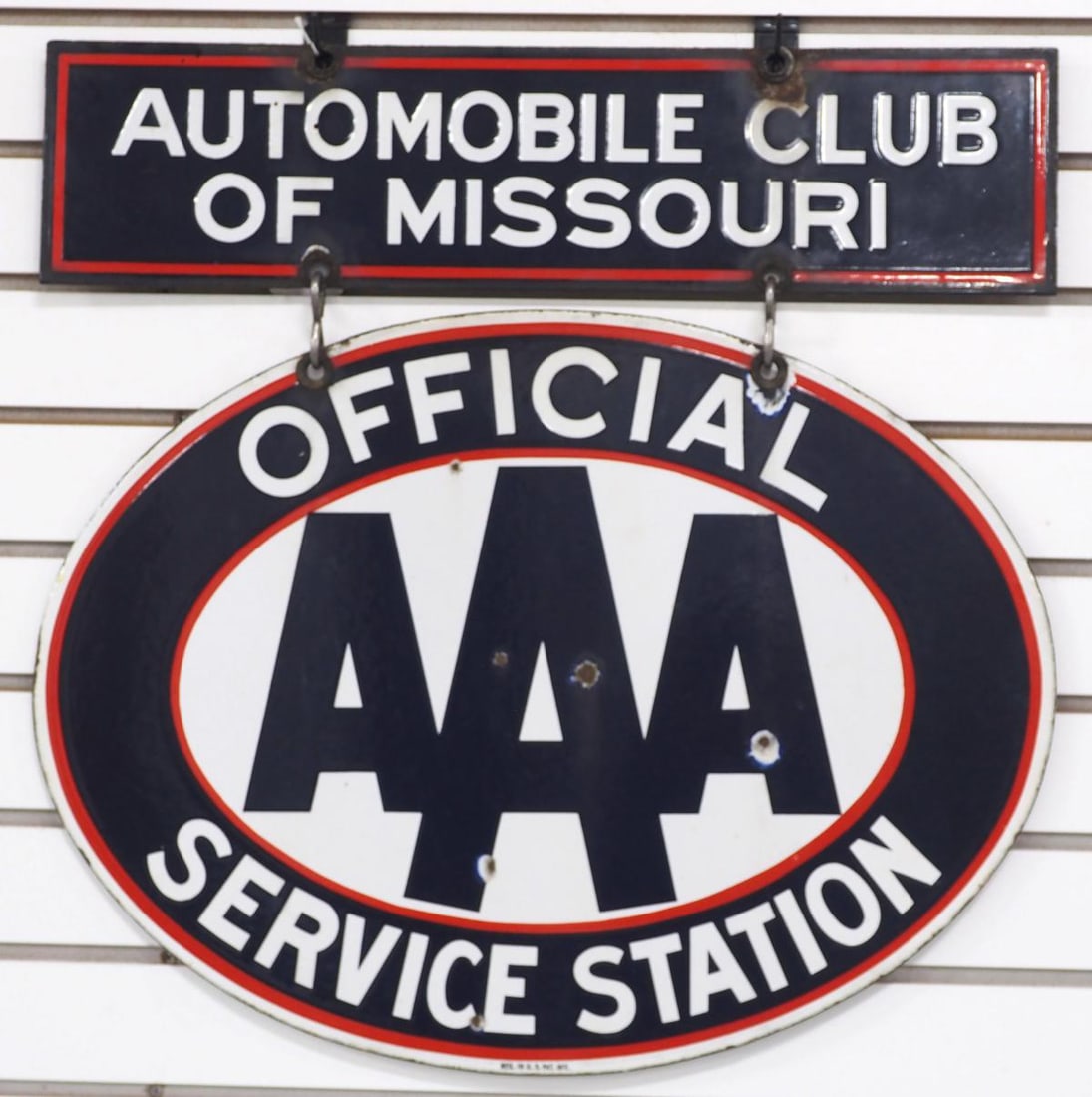 AAA Automobile Club of Missouri hanging sign: 22.5"x22.5" 2-pc DSP AAA Automobile Club of Missouri hanging sign, marked Baltimore Enamel - Good with some large chips
