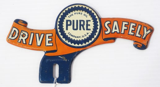Pure Oil Co. Drive Safely tin license plate topper