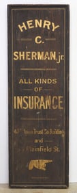 Henry C. Sherman, Jr Insurance sign with wood frame, signed at bottom by Heffernan & Kempton