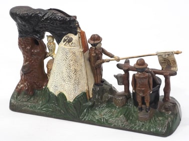Boy Scout Camp cast iron mechanical bank