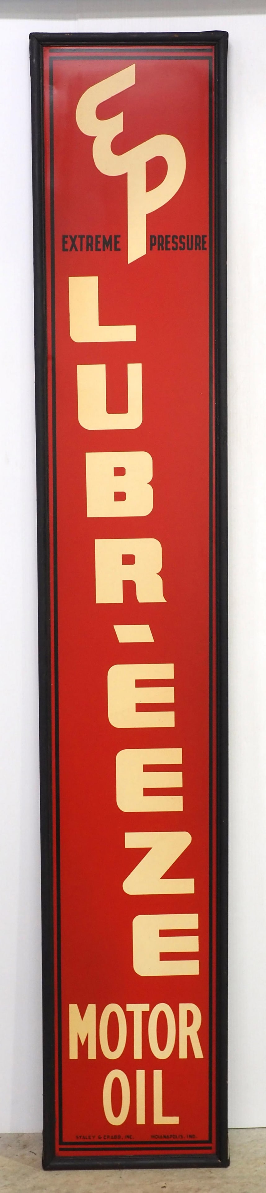 Lubr-eeze Motor Oil wood framed sign: 12"x72" SST Extreme Pressure Lubr-eeze Motor Oil wood framed sign, marked Staley & Crabb Inc. This oil company was only in business in 1933! RARE! WOW! - Excellent! * * Not eligible for in-house shipp