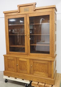 2-pc oak hutch with glass doors and brass tag