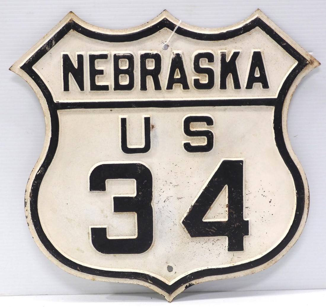 Nebraska US 34 road sign: 16.5"x16" SST Nebraska US 34 road sign, dated on back Feb 28, 1950 - Fair, rust