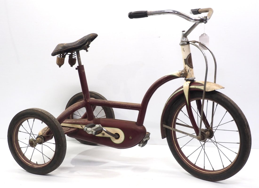 Olson child's tricycle with original paint: Olson child's tricycle with original paint and leather seat - Good, rubber handle covers are cracked * * Not eligible for in-house shipping, white glove options may be available. See auction terms.