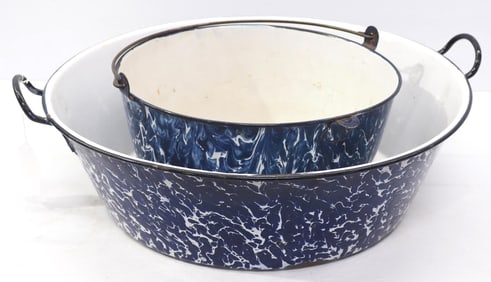 (2) Large blue & white marbled enamel bowls
