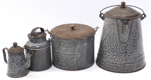 (4) Pieces of grey marbled enamelware