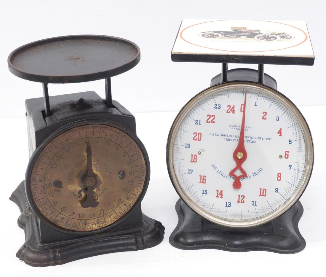 (2) Kitchen scales: (2) Kitchen scales: John Chatillon cast iron / metal with tile top with Oldsmobile car