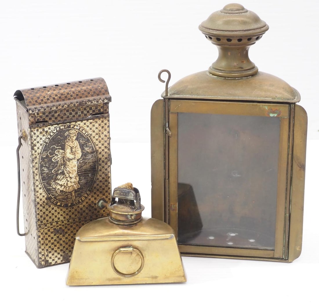 (2) Small brass lamps: (2) Small brass lamps: Dietz convex / RARE Stevens pocket lantern with red lens, patent Sept.7, 1875