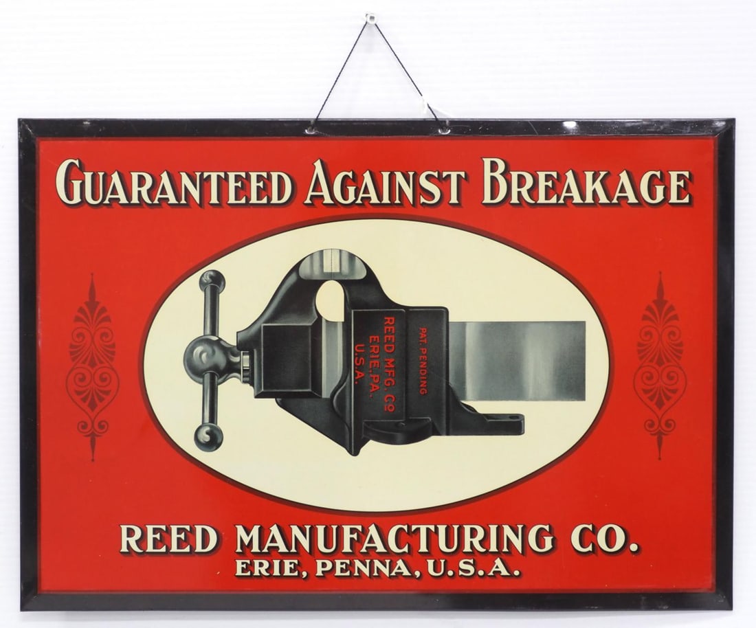 Reed Manufacturing Co. sign: NOS 19"x13" tin over cardboard Reed Manufacturing Co. sign - Excellent