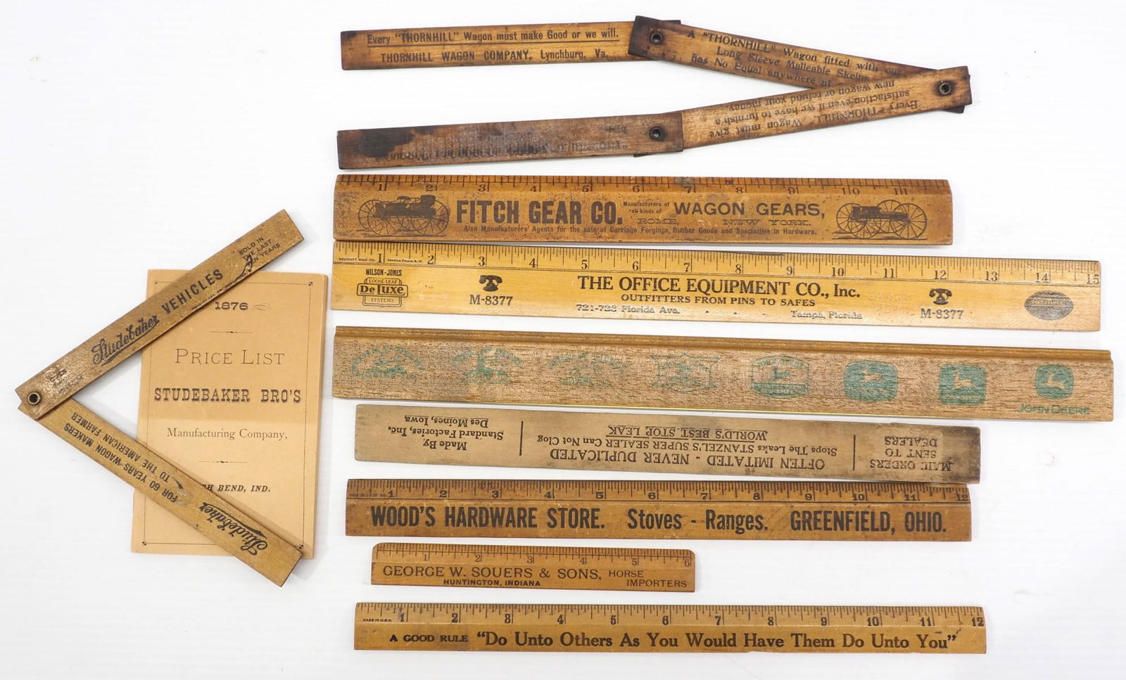 (9) Wooden advertising rules: (9) Wooden advertising rules for carriages, hardware stores, etc and 1976 Studebaker Bros price list booklet