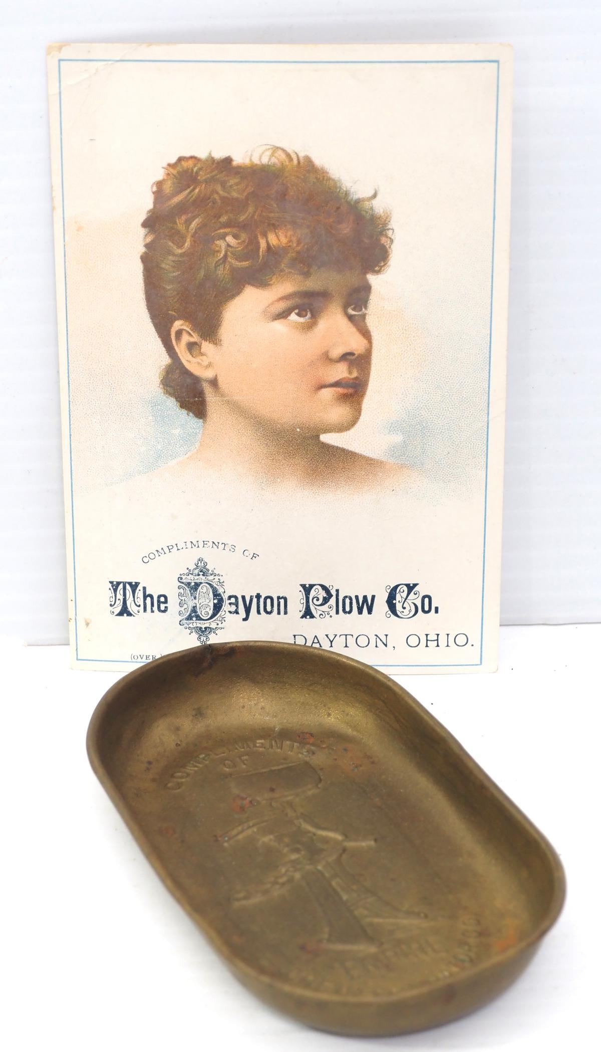 Advertising card and tray: Dayton Plow Co. advertising card / Empire Cream Separator brass tray