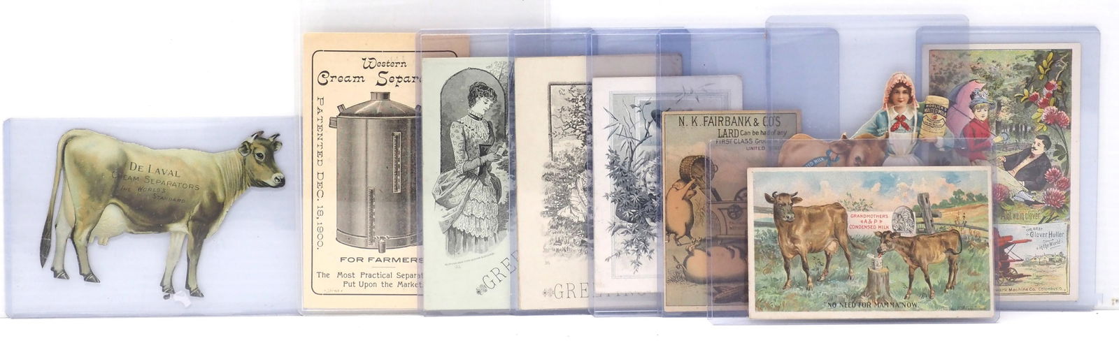 (9) Advertising cards and cows: (9) Advertising cards and cows including Clover Huller, A&P Extracts, Horlick's Malted Milk, Farmer's Favorite and DeLaval cow