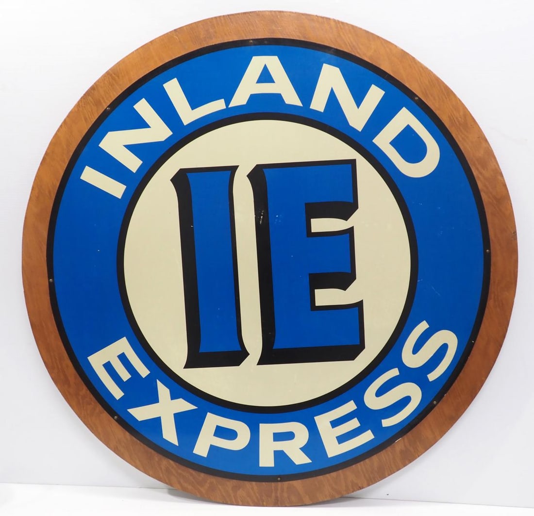 Inland Express sign mounted on wood: 36"dia. SST Inland Express sign mounted on wood - Good