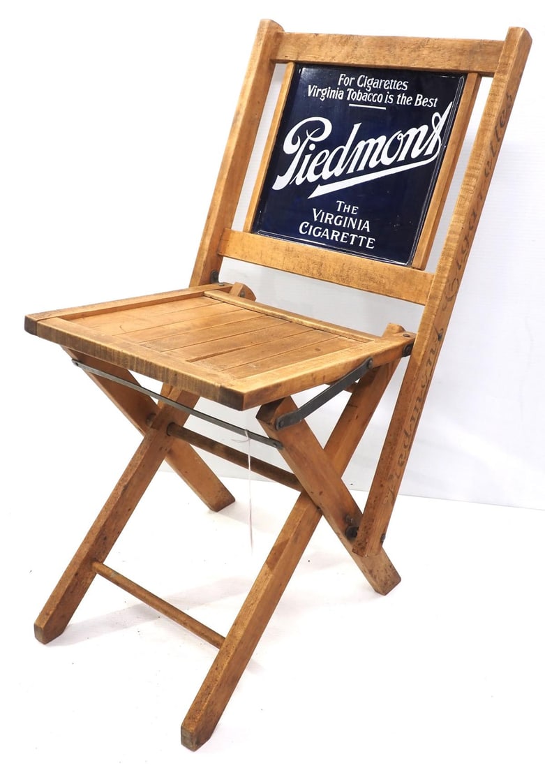 Wooden folding chair advertising Piedmont: Wooden folding chair with DSP back rest advertising Piedmont Cigarettes, porcelain is approx 11"x10.5"H