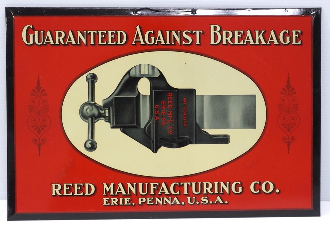Reed Manufacturing Co. sign: 19"x13" tin over cardboard Reed Manufacturing Co. sign showing vise illustration, with original paper - Excellent