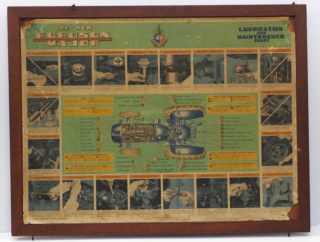 Early framed paper Fordson Chart: Early framed paper Fordson Major Lubrication & Maintenance Chart with great graphics, copyright 1952, printed in England, frame measures 43"x33" - Good, age discoloration to paper