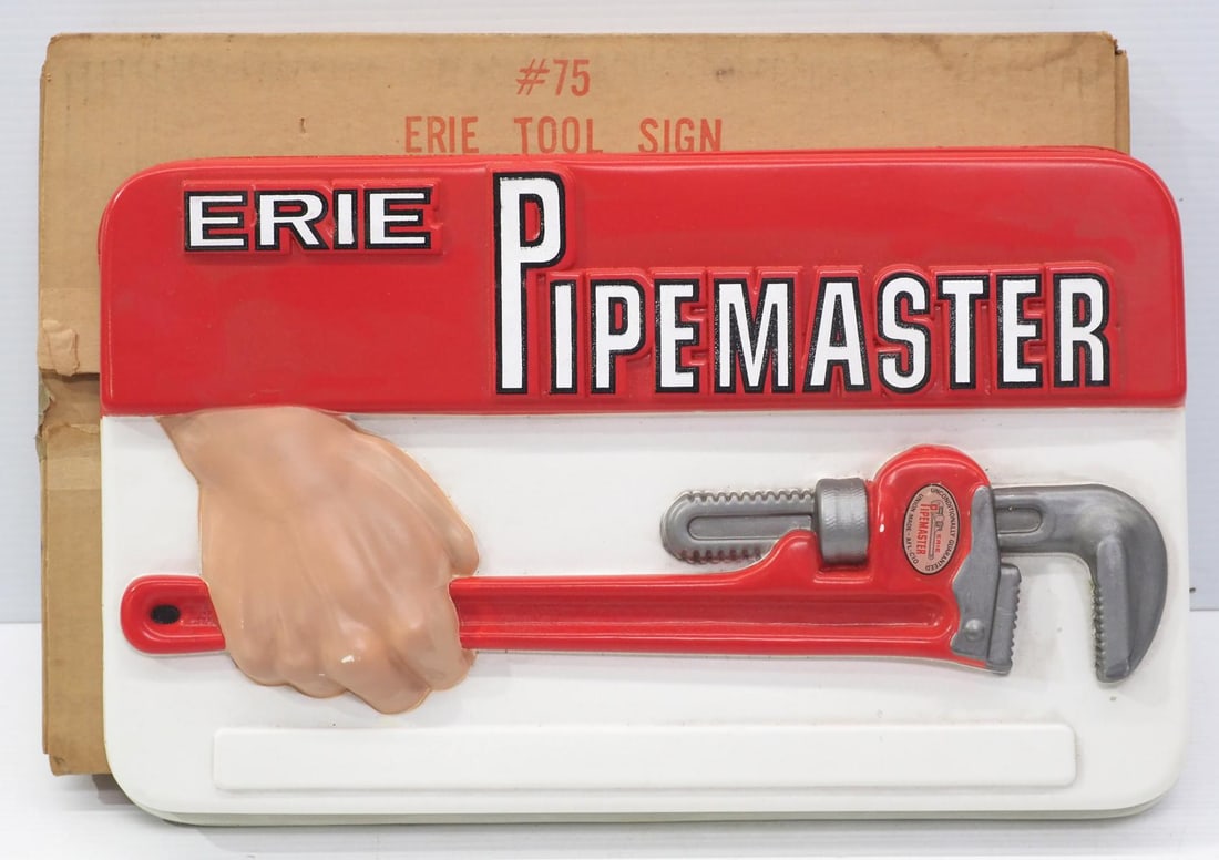 Erie Pipemaster advertisement with box: NOS 18.5"x11.5"x2"D plastic Erie Pipemaster stand-up advertisement with original cardboard box, made by Old King Cole Inc. - Excellent