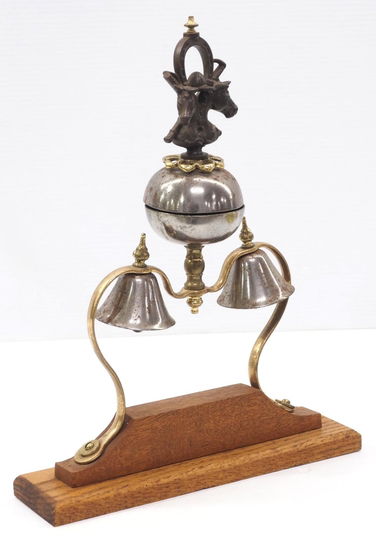 Triple harness bell with horses & jockey hat finial: Triple harness bell with horses & jockey hat finial - Good