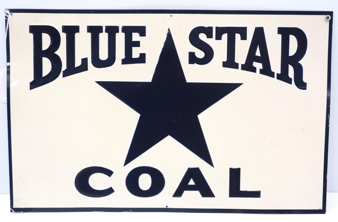 Blue Star Coal sign: 22.25"x14" SST embossed Blue Star Coal sign - Very Good with minor scratches