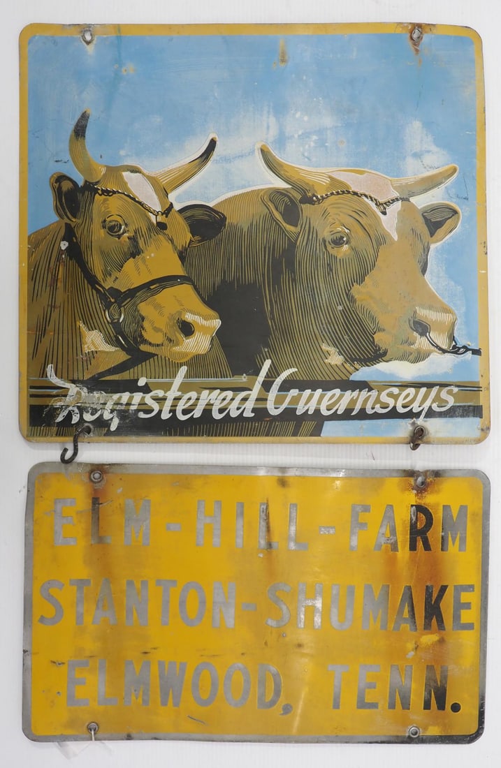 Elm Hill Farm Sign: 20"x31" 2-pc DSA Elm Hill Farm, Stanton-Shumake, Elmwood, Tenn. Sign with graphic of Guernsey cows - Fair, lower piece is bent