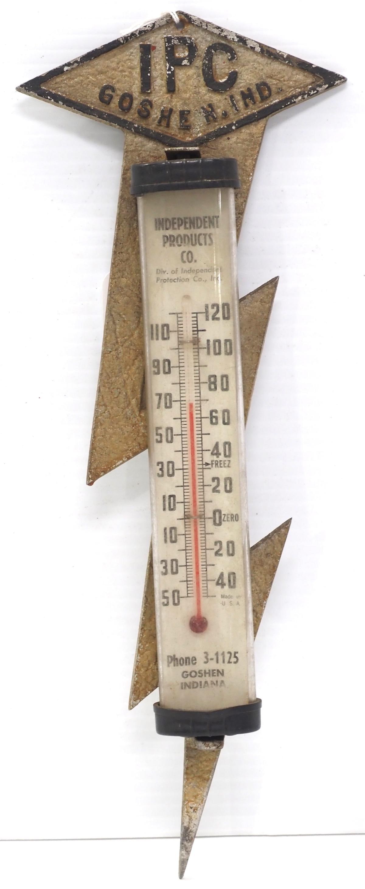 Lightning rod-shaped thermometer: Cast aluminum & plastic lightning rod-shaped thermometer marked IPC, Goshen, IN - Good