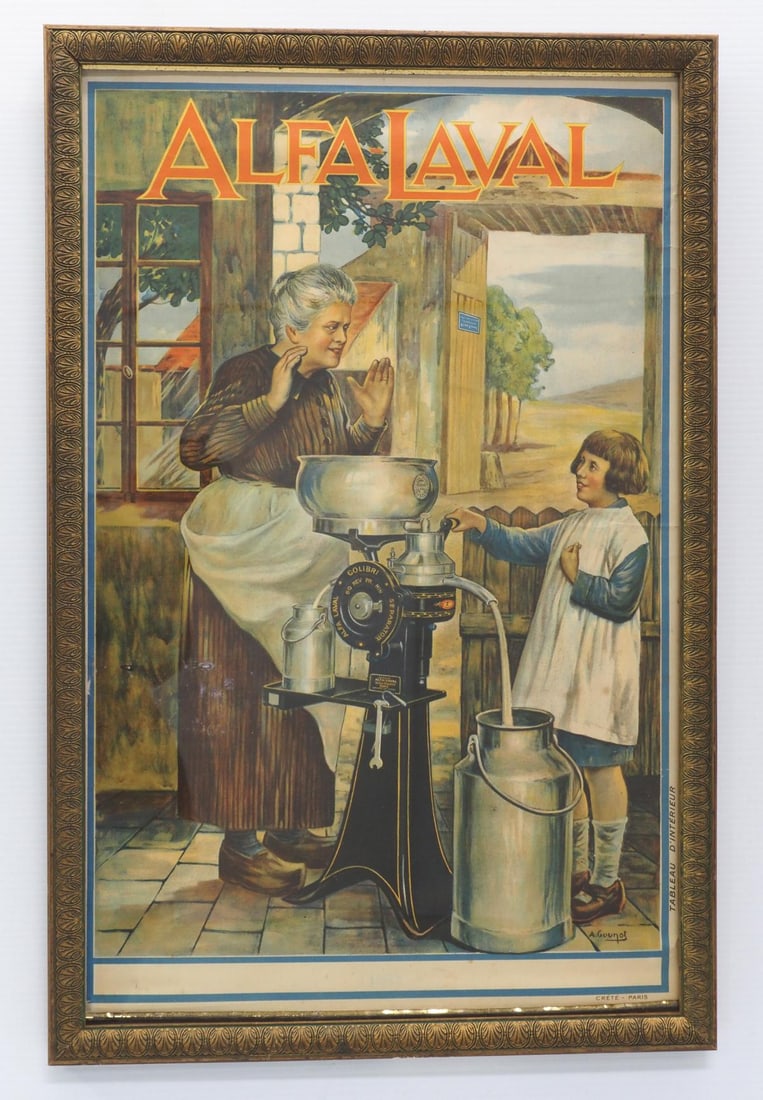 Framed litho of Alfa Laval Cream Separator: Framed litho of Alfa Laval Cream Separator in French, marked Crete - Paris, frame measures 18"x27"