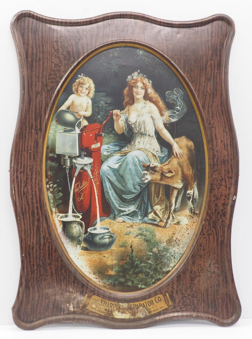 Sharples Separator Co. sign: 28"x39" pressed tin Sharples Separator Co. sign with graphics of calf and young girls - Good with rust and scratches